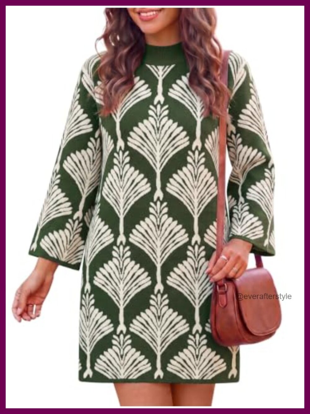 Womens Floral Knit Sweater Dress Mock Neck 3/4 Bell Sleeve Mini A-Line